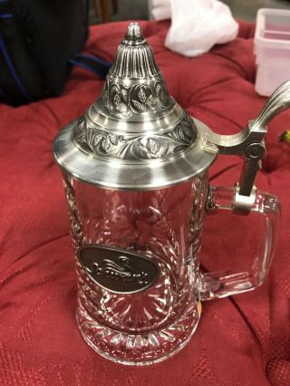 Vintage Schwan’s Beer Stein Clear Glass With Fancy Lid Lid 95 Tin Advertising