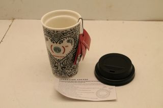 Starbucks 2010 Jonathan Adler Heart Coffee Tea Tumbler 12 Oz Ceramic W/ Lid