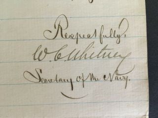 1887 William Collins Whitney,  Secretary of the Navy,  document signed 2