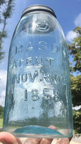 Half Gallon Masons Patent 1858 Keystone Fruit Jar Blueish 18 Base
