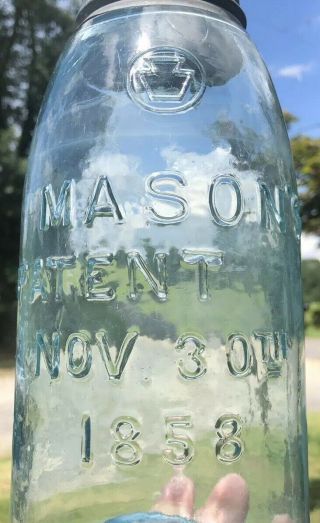 Half Gallon Masons Patent 1858 Keystone Fruit Jar Blueish 18 Base 2