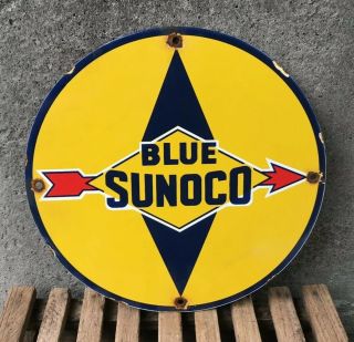 Vintage Sunoco Blue Gasoline Sign Porcelain Gas Pump Plate Service Station Rust