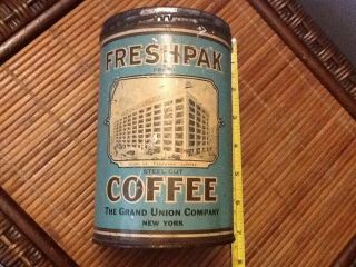 Rare Antique Tin Can Freshpak Coffee 1 Lb W/lid Grand Union Co.  York No Lid