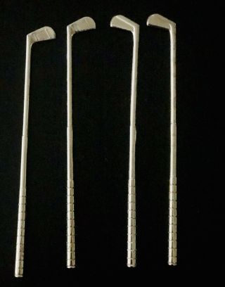 Golf Club Cocktail Stirrers Metal Swizzle Sticks Set Of 4 Silver Plate Vintage