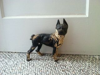 Antique Boston Terrier Cast Iron Dog White & Black Doorstop Sculpture