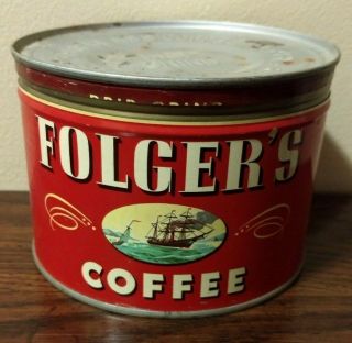 Vintage Folgers 1lb Coffee Can With Lid Copyright 1946,
