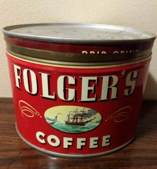 Vintage Folgers 1Lb Coffee Can with Lid Copyright 1946, 2