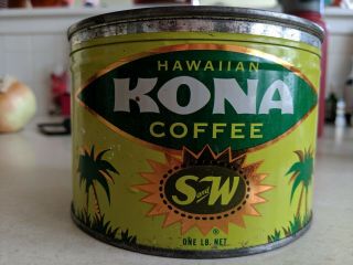 Rare Antique Tin Can Hawaiian Kona Coffee 1lb Kw W/lid