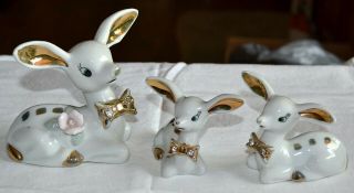 Vintage Chase White Porcelain Deer,  Fawn,  Rhinestone,  Gold Gilt Figurine Family
