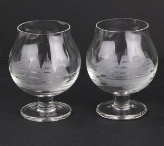 2 Toscany Romania Etched Schooner Clipper Sailboat Brandy Snifter Glass 6 Oz.