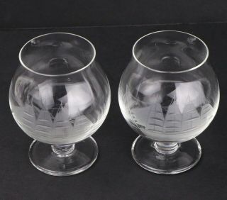 2 TOSCANY Romania Etched Schooner Clipper Sailboat Brandy Snifter Glass 6 Oz. 2