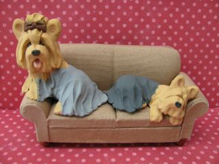 Handsculpted Yorkie Yorkshire Terrier Pair On Sofa Figurine