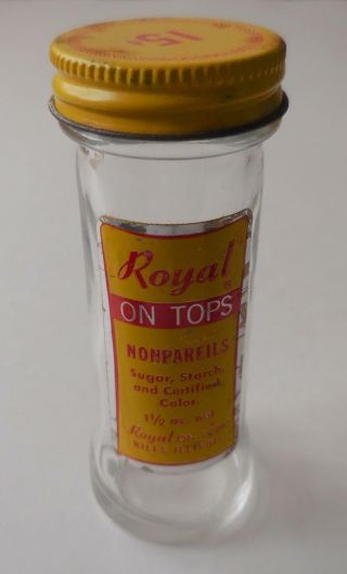 Vintage Royal On Tops Nonpareils Glass Jar 15 Cents Cake/cook Decoration