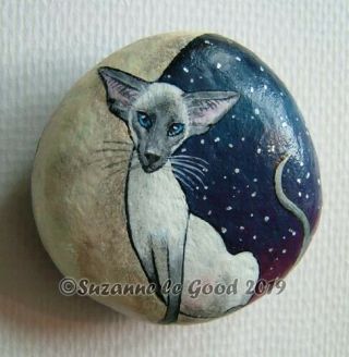 Siamese Cat Moon Art Painting On Stone Pebble Rock By Suzanne Le Good