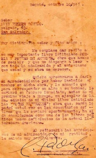 1956 German Pardo Garcia Typed Letter Signed By Poet From Colombia