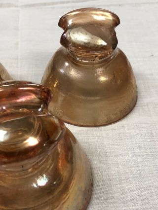 3 Vintage Pyrex Carnival Glass / Marigold Colored Insulators 63.  Shape 4
