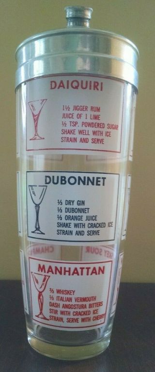 Vintage Glass And Stainless Steel Martini Shaker With 9 Printed Drink Recipes