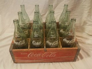 12 Vintage Coca - Cola Bottles And Wood Coke Crate Green Glass 26 Fl Oz 1 Pint