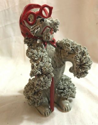 Vintage Gray Spaghetti Poodle Red Glasses,  Red Polka Dot Scarf,  Red Cane Japan