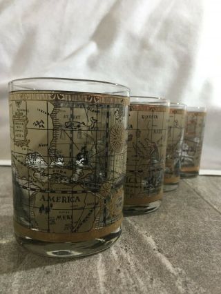 Antique - Style Gold World Map Painted Old Fashion Glasses Set Of Four