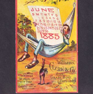 June 1885 Calendar Williams Clark Bone Fertilizer Hammock Victorian Trade Card
