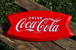 Coca - Cola Arciform Embossed Tin Metal Sign - Fishtail - Retro - Coke