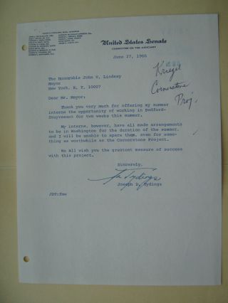 Signed Letter Maryland Senator Joseph Tydings Vintage 1966 John Lindsay