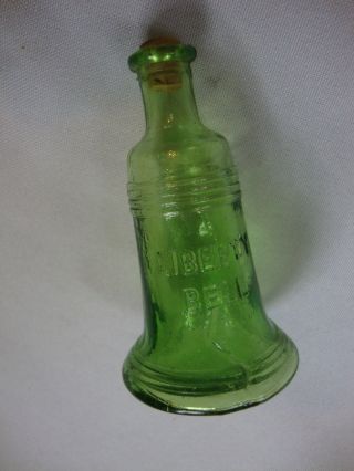 Small Green Glass Liberty Bell Ink Jar With Cork Cap Made In Taiwan