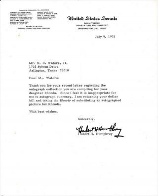 Hubert Humphrey - Tls From 1975 Signed