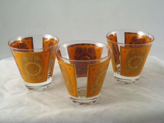 3 Vintage Mid Century Pasinski Lowball Double Shot Cocktail Bar Glasses Gold