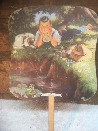 Vintage Haines Shoe Cardboard Fan Advertisement boy fishing scene 3