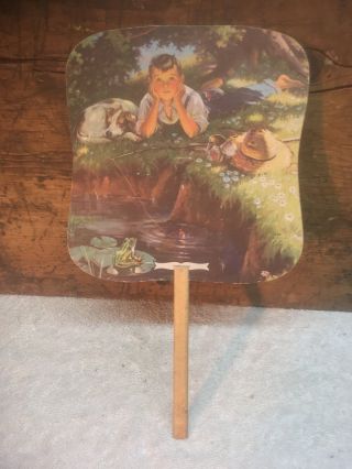 Vintage Haines Shoe Cardboard Fan Advertisement boy fishing scene 4