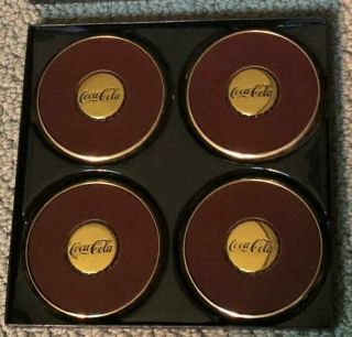 Unique Boxed Set Of Coca - Cola Solid Brass & Leather Coasters 1980 