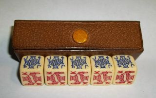 Vintage Set Of 5 Cross Bakelite Poker Dice 5/8  9 To Ace In Leather Case
