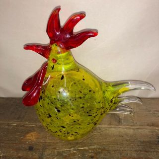 Blown Glass Figurine " Murano " Art Glass Rooster Yellow With Red Cone Hollow 7x7