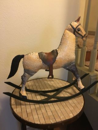 Handmade Brown & Yellow Unique Rocking Horse.  Made Of Tin On Iron Base.