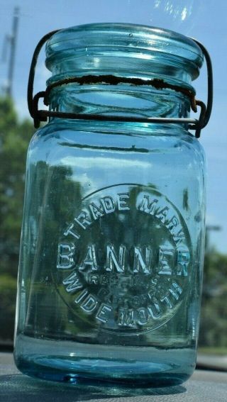 Vtg Quart Banner Trademark Warranted Wm Wide Mouth Blue Glass Canning Jar Wire