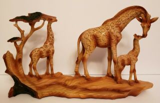 Mother Giraffe &baby Carved Wood Look Figurine Resin Sculpture Decor Wild Animal