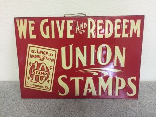 Union Trading Stamp Embossed Metal Tin Double Sided Sign