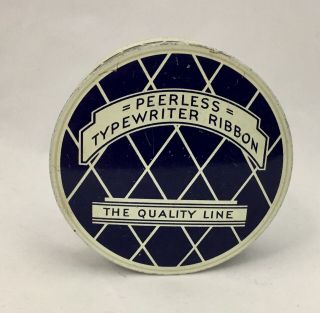 Vintage Peerless Typewriter Ribbon Empty Tin,  Blue / White,  Secretarial Black