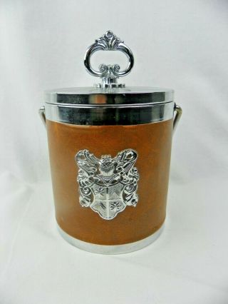 Vintage Heraldic Crest Ice Bucket With Faux Leather Siding Mid Century