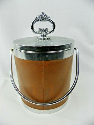 Vintage Heraldic Crest Ice Bucket with Faux Leather Siding Mid Century 2