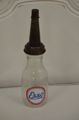 Vintage Style Esso Motor Oil 1 Quart Glass Bottle W Spout & Dust Cap