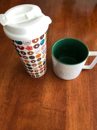 (2) Krispy Kreme Doughnuts Cups.  Mutli - Colored Plastic W Lid & Green/white Kk Mug