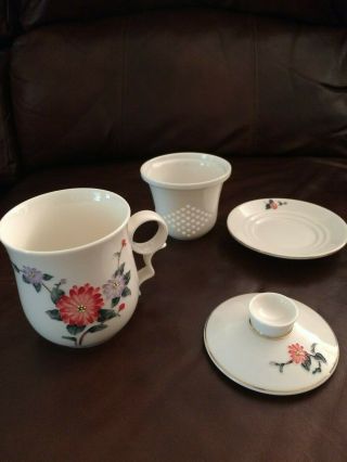 Teavana Tea Cup/mug With Lid,  Saucer & Infuser Porcelain Stella Daisies Nib