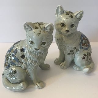 Set Of 2 Vintage Shafford Pale Blue Green Ceramic Cats Japan Floral Figurines
