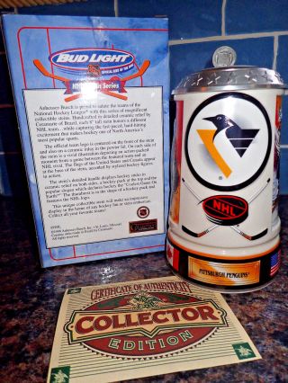 1998 Budweiser Bud Light NHL Pittsburgh Penguins Lidded Beer Stein 2