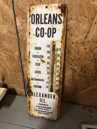 Orleand Co - Op Alexander Il Jacksonville Thermometer Vintage Feed Sign Farm Barn