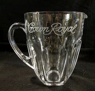 Crown Royal Whiskey Etched Cut Glass Bar Pitcher 6 3/8 " Tall 5 1/4 " Wide 36oz