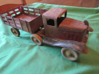 Vintage Girard Metal Truck & Trailer - Wooden Wheels - 10 Inches Long 2